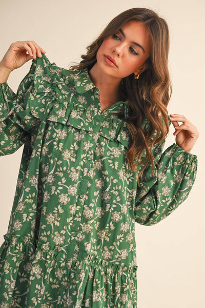 RUFFLE TRIM BUTTON DOWN MINI DRESS Deep Green Floral