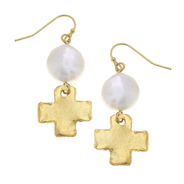 Susan Shaw Coin Pearl & Gold Cross Drop Earrings (1704W)