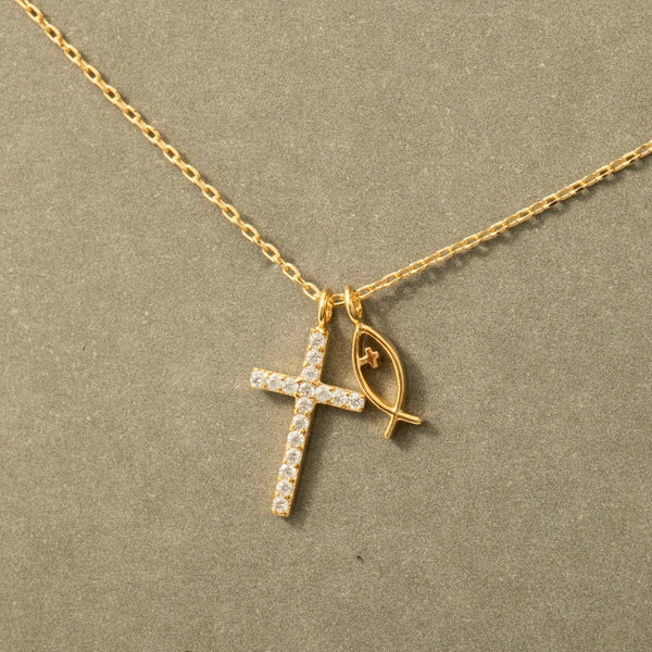 Pave Cross And Fish Charms Chain Necklace: GDCRY
