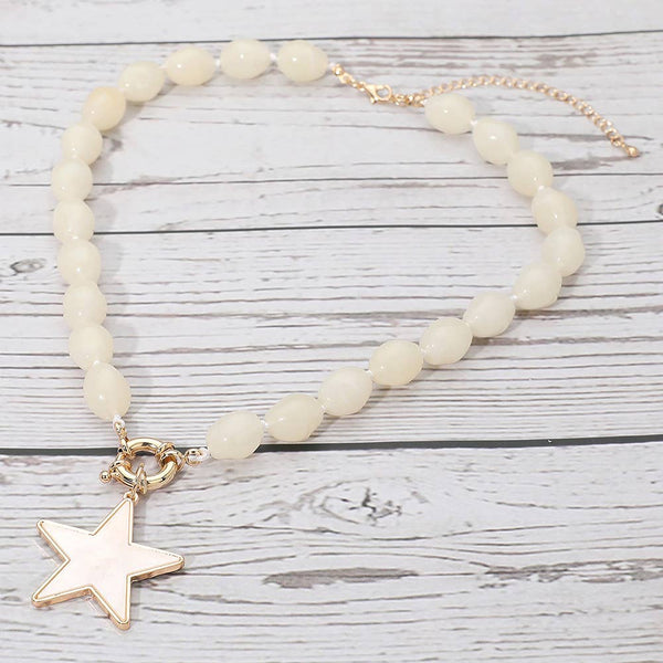 Mother of Pearl Star Pendant Marbled Pebble Beaded Necklace: Blue,Gold