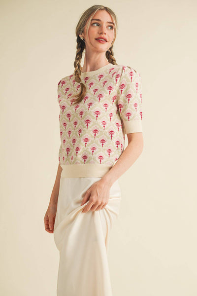 FLORAL PATTERN SHORT SLEEVE SWEATER LT BLUE SAGE MULTI