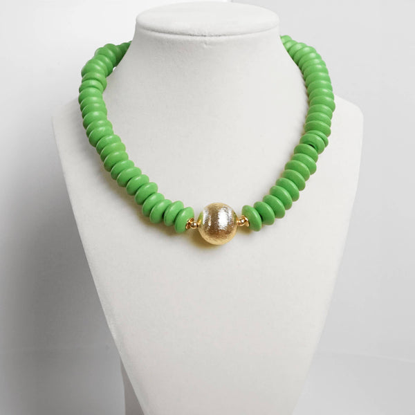 Wood Saucer Beads Short Statement Necklace Gold center Turquoise