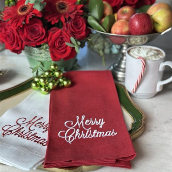 Merry Christmas Linen Towel - Christmas/Holiday: White
