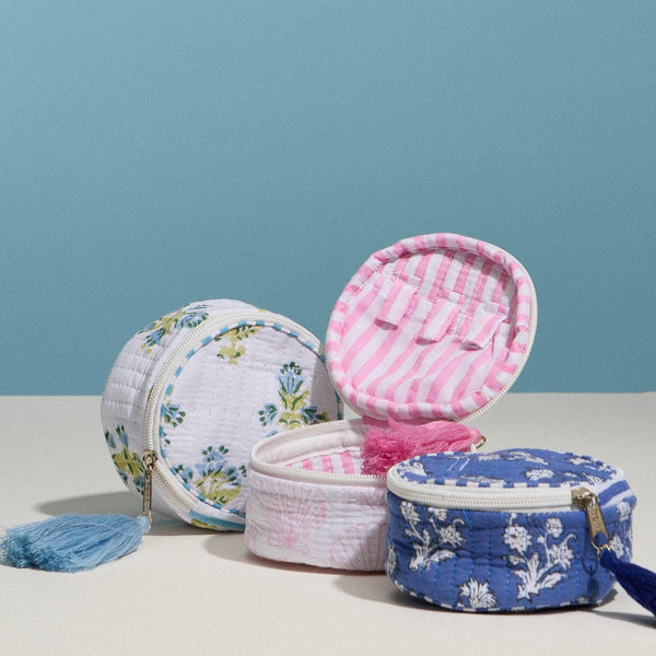 Blue Quilted Floral Round Coin Pouch