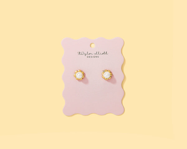 Stud Earrings - 14K Gold-Plated Flowers w/ Pearls - Hampton