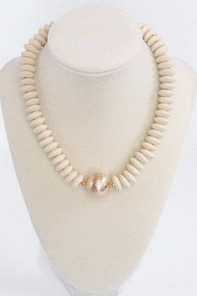 Wood Saucer Beads Short Statement Necklace Gold center Turquoise