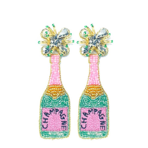Pink and Green Champagne Bottle Beaded Earrings