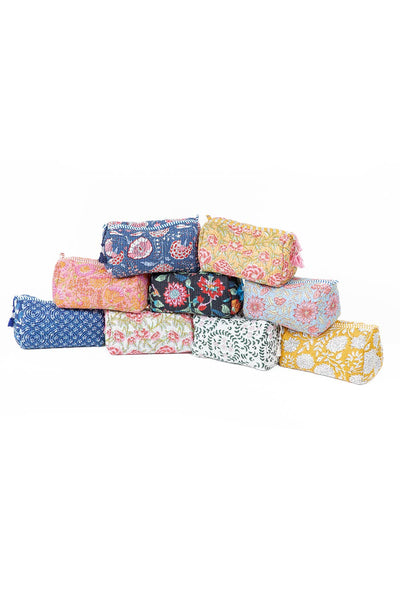 White Floral print Quilted Cotton Toiletry Bag Set