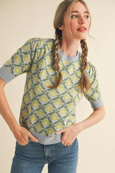 FLORAL PATTERN SHORT SLEEVE SWEATER LT BLUE SAGE MULTI