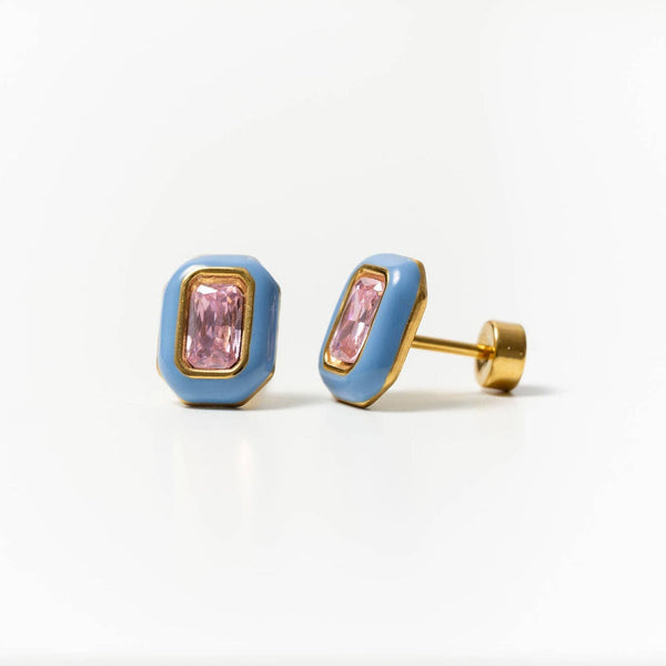 Emerald Enamel Gemstone Stud - Hypoallergenic, Flat Back: Pink / Pair