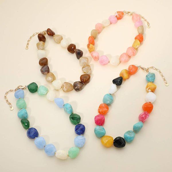 Chunky Marbled Resin Pebble Beaded Statement Necklace: Neutral