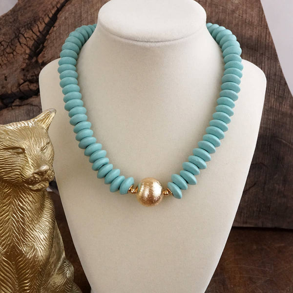 Wood Saucer Beads Short Statement Necklace Gold center Beige