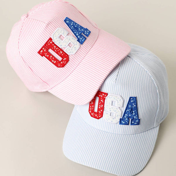 USA Letter Patch Striped Trucker Hat 
: PINK