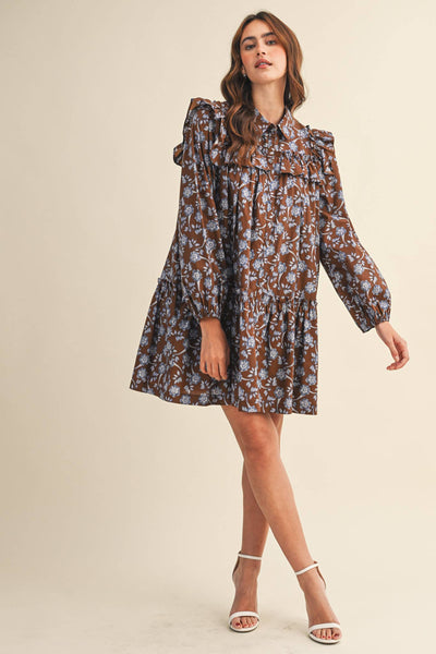 RUFFLE TRIM BUTTON DOWN MINI DRESS Deep Green Floral