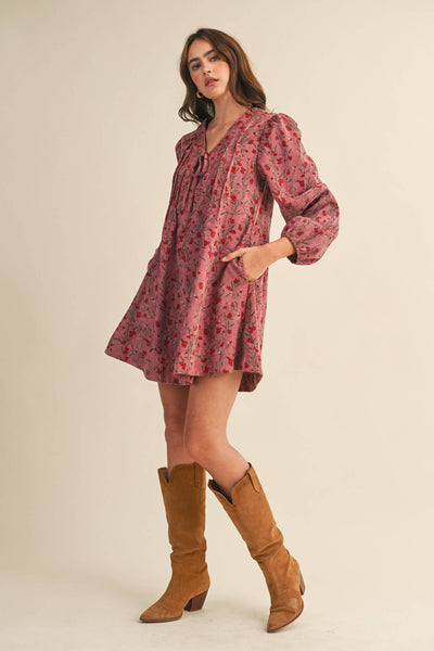 FLORAL CORDUROY MINI DRESS MDR4409: Orchid Multi Floral