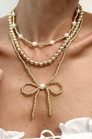 MULTILAYER BALL CHAIN BEAD PEARL BOW NECKLACE GOLD