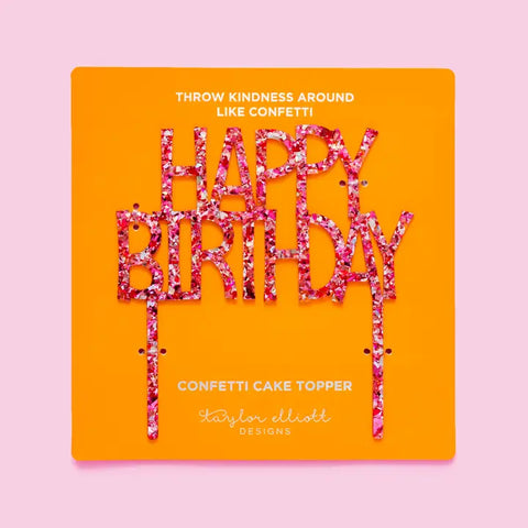 Happy Birthday Pink Confetti Acrylic Cake Topper