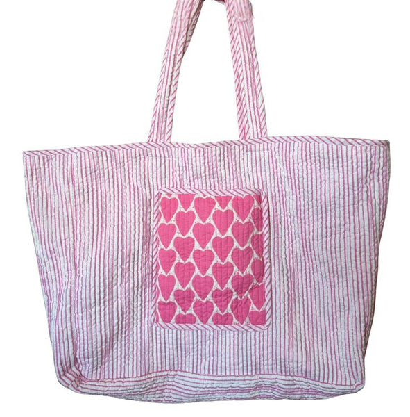 Reversible Quilted Block Printed Beach Bag - Hearts
