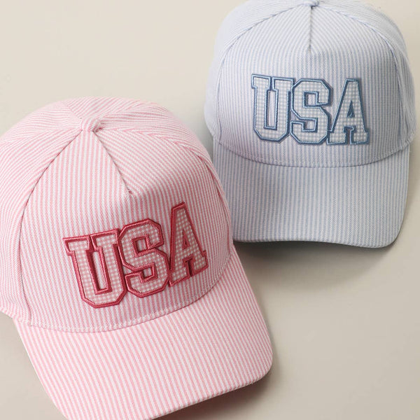 USA Embroidered Patch Gingham Stripe Trucker Hat: PINK / One Size