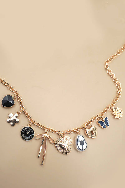 CHARM NECKLACE-HEART CLOCK BOW LOCK CHARMS