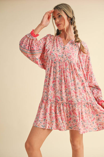 EXCLUSIVE PRINT PUFF SLEEVE TIERED BABYDOLL DRESS Camel Multi Paisley