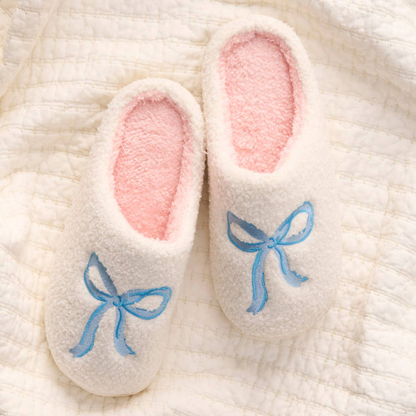 Fuzzy Slippers-Bow Blue: S/M (Women's 5 - 7.5)