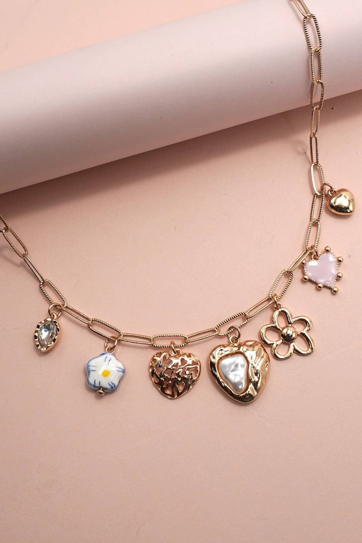 CHARM NECKLACE-PORCELAIN HEART FLOWER CHARM