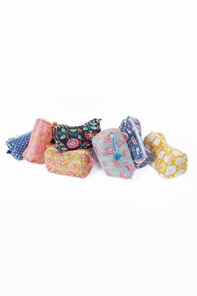 White Floral print Quilted Cotton Toiletry Bag Set