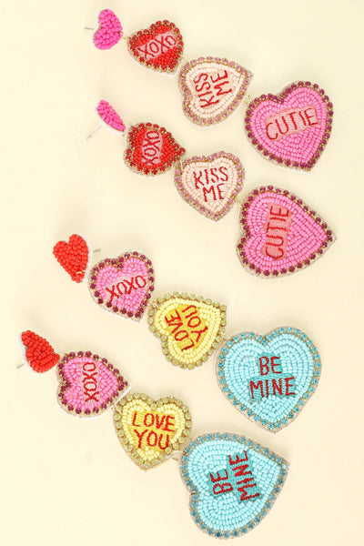 XOXO Love You Be Mine Conversation Hearts Dangle Earrings: Pink