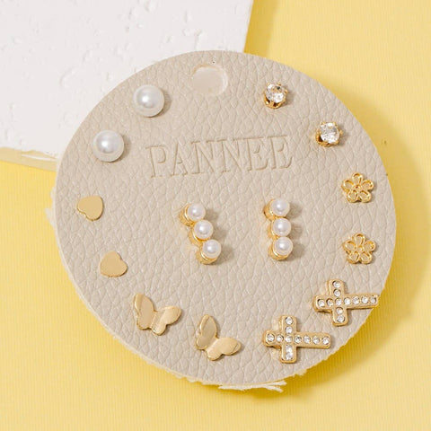 Heart Pearls Flower And Cross Stud Earrings Set