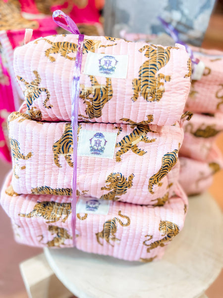 Dainty Pink Tiger Quilted Cosmetic Bags-set of 3