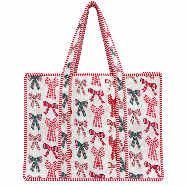 Christmas White Bow Quilted Bag Print: Large Tote