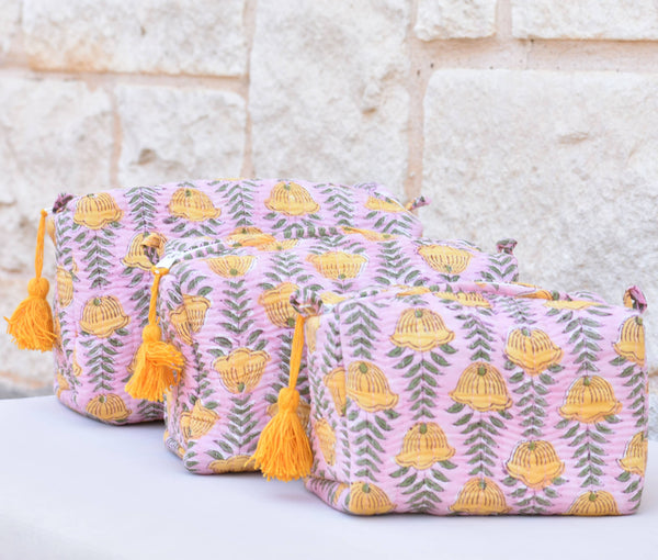 Quilted Cosmetic Pouch Pink (Set of 3)