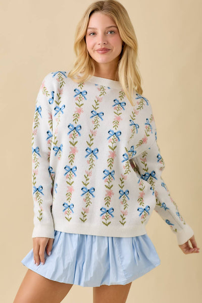 Coquette Ribbon Bow Sweater Knit Top: WHITE