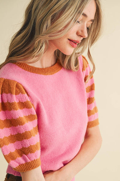 CONTRAST STRIPED PUFF SLEEVE SWEATER MSW10887: Pink
