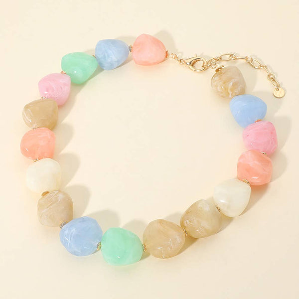 Chunky Marbled Resin Pebble Beaded Statement Necklace: Neutral