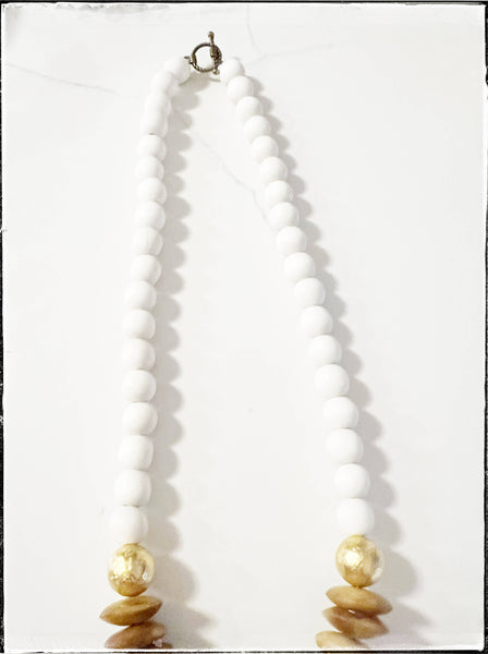 White Wood & Disk African Bone Bead Short Necklace Layering 