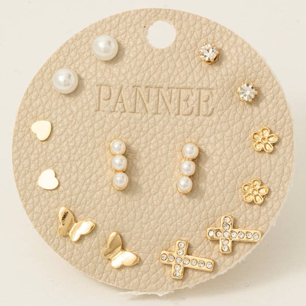 Heart Pearls Flower And Cross Stud Earrings Set