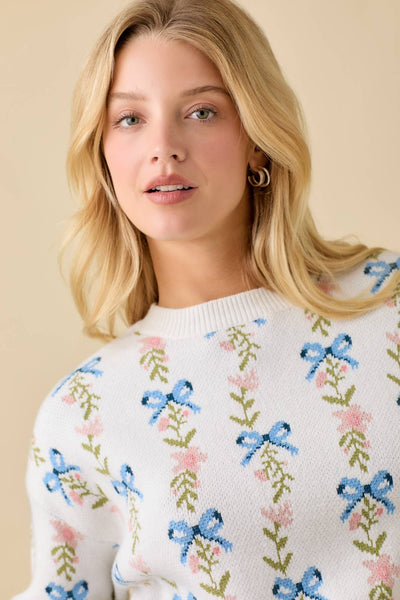 Coquette Ribbon Bow Sweater Knit Top: WHITE