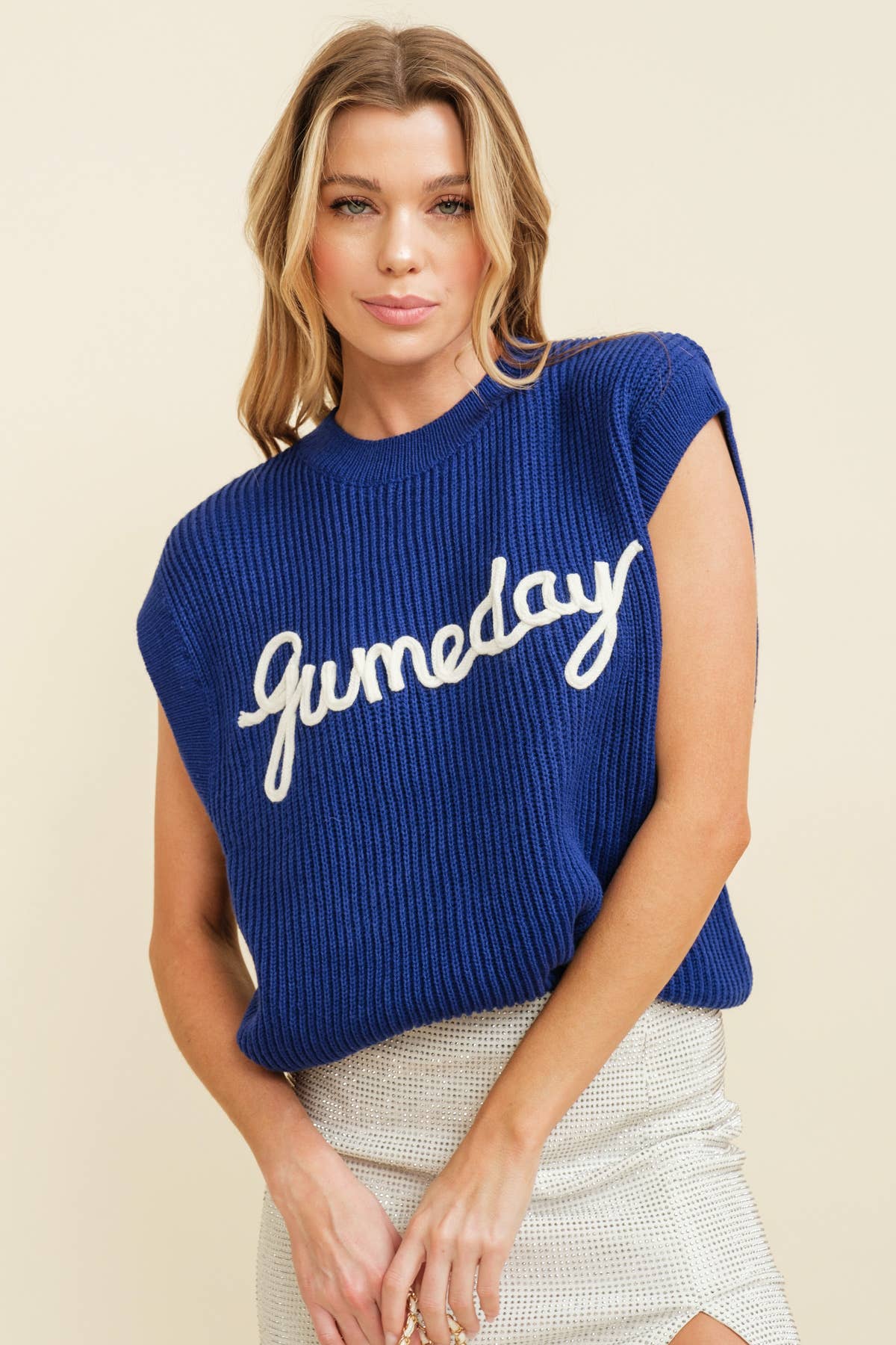 'GAMEDAY" EMBROIDERED SLEEVELESS SWEATER VEST: Royal Blue