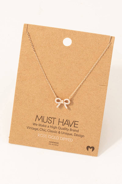 Gold Dipped Cz Stud Ribbon Bow Pendant Necklace: G