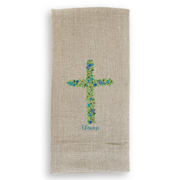 Blue Cross with Flowers and Quote: White Guest Towel / -