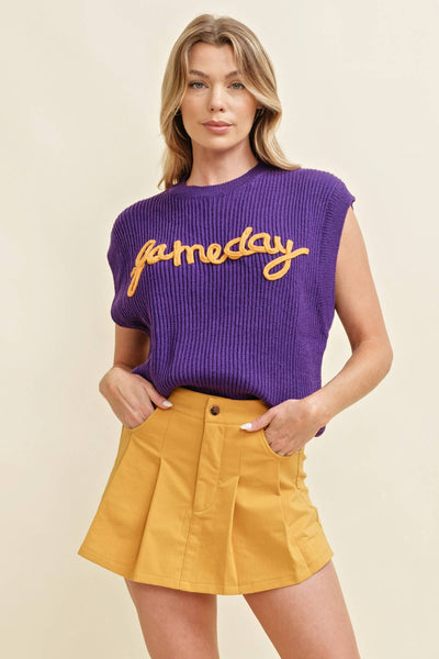 'GAMEDAY" EMBROIDERED SLEEVELESS SWEATER VEST: Royal Blue