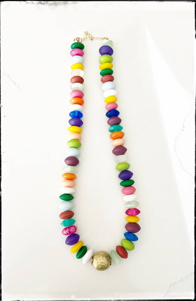 Midi Rainbow Acrylic Resin  Rondelle Bead Necklace Gold Ball