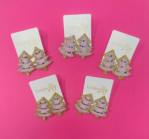 Christmas Tree Sparkle Stud Earrings - Pink