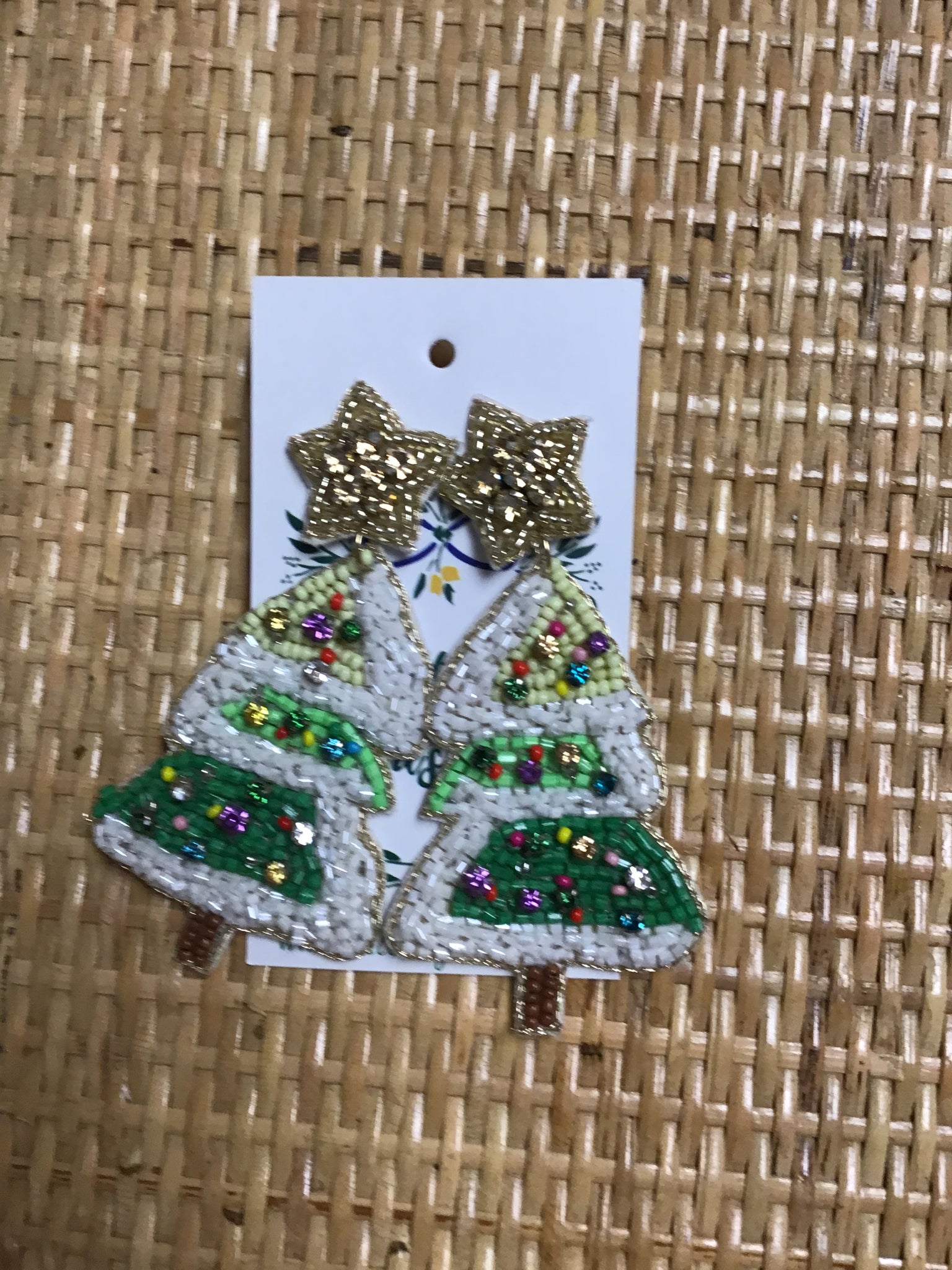 White and Green Beaded Christmas Tree Earrings