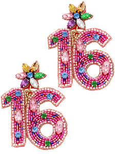 Sweet “16” pink beaded bday earrings