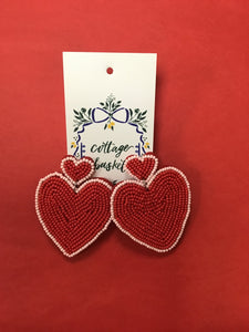Beaded Red Heart Earrings with Pink Edge