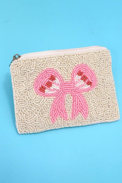 White and Pink Bow Beaded Pouch