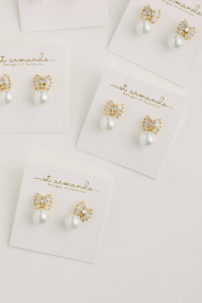 Gold Pearl Sparkler Statement Bow Earrings